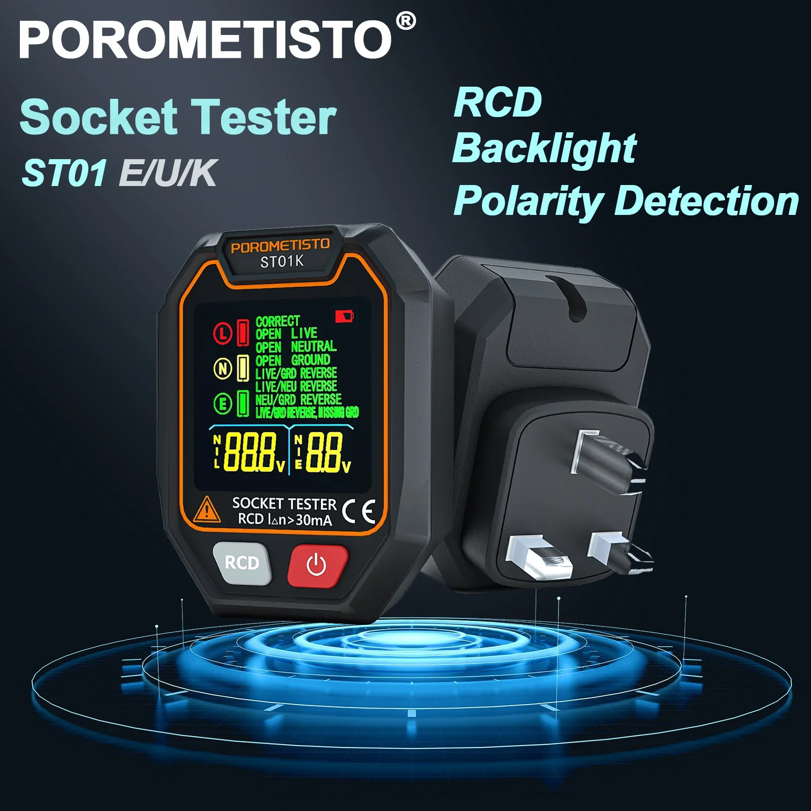 POROMETISTO Digital Socket Tester Voltage Tester RCD Ground Zero Line Polarity Phase EU/US/UK Plug Circuit Checker Electroscope