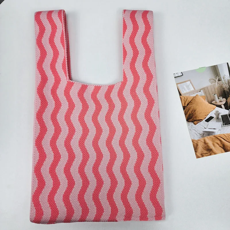 Wavy Striped Handmade Knit Handbag Women Mini Knot Wrist Bag Japanese Wide Stripe Plaid Tote Student Reusable Shopping Lunch Bag