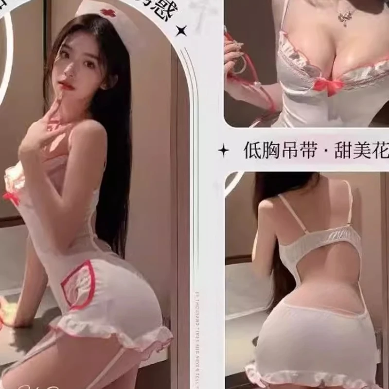 زي ممرضة تنكري فستان إغراء منظور عميق الخامس الرقبة الكشكشة عارية الذراعين الكبار الجنس فستان النوم لعب الأدوار أزياء الطبيب