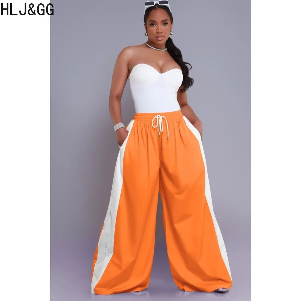 HLJ&GG Fashion Stripe Stitching Loose Wide Leg Pants Women Elastic High Waist Drawstring Pocket Straight Trousers Casual Bottoms