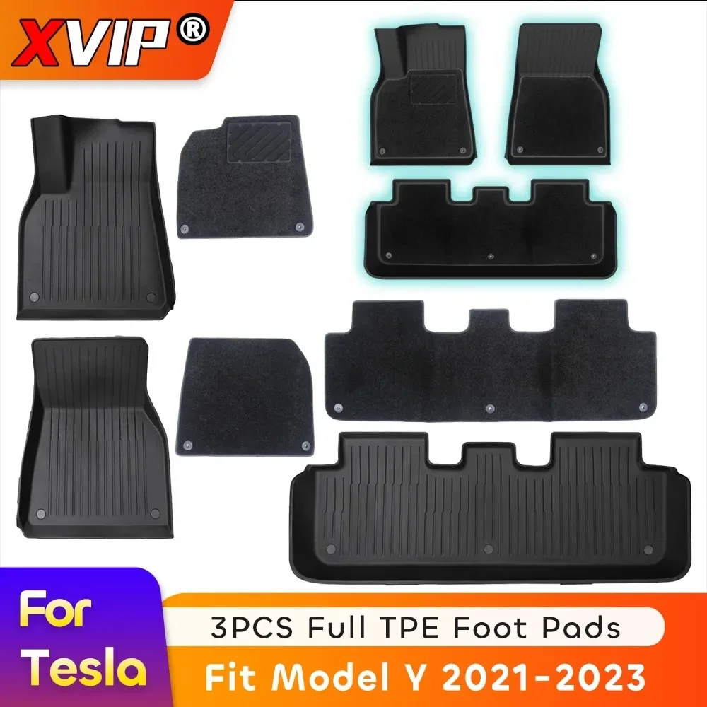 XVIP 3Pcs TPE Foot Pad + Carpet For Tesla Model Y 21-23 Custom Waterproof Mat Upgrade Non-Slip Floor Liner Surrounded Floor Mats