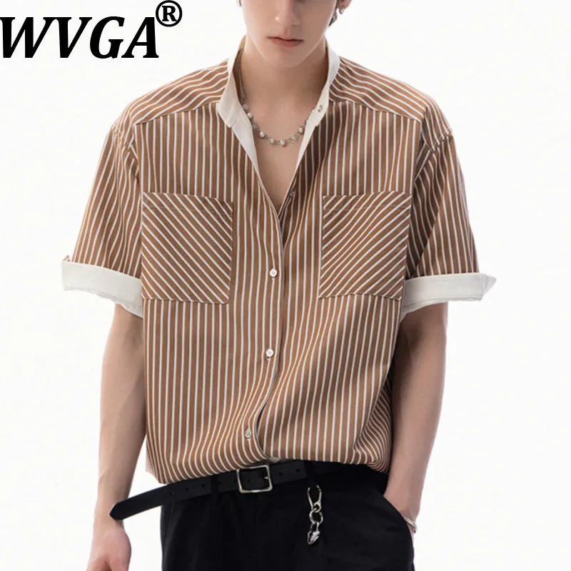 

WVGA Spring Summer New Men Tide Reversible Striped Trendy Stand Collar Short Sleeve Shirts Niche Chic Casual Tops Ins Y2K W17991