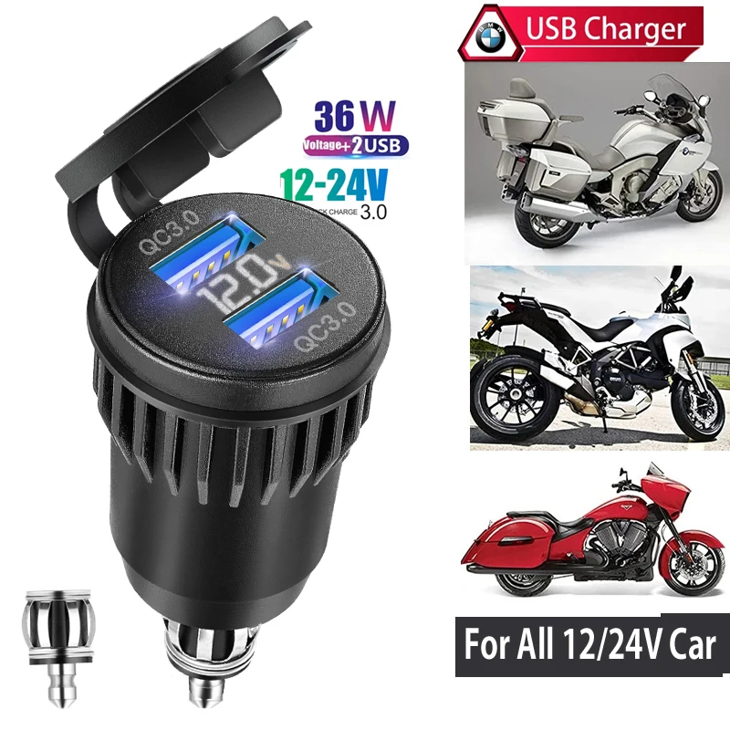 Toma usb QC 3,0 para motocicleta, puerto usb para coche, carga rápida para motocicletas BMW Ducati Triumph con pantalla de voltaje