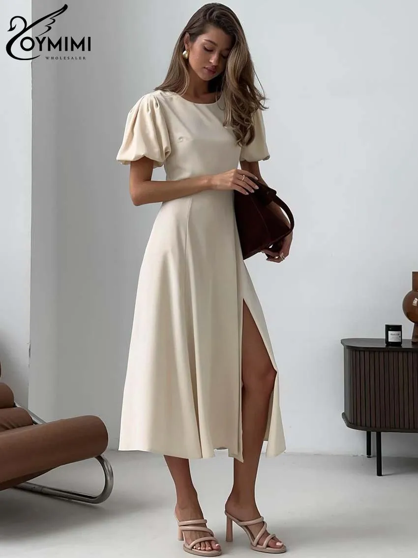 Oymimi Fashion Beige O-Neck Dresses 2024 Women Elegant Short Sleeve Open Back Dresses Casual New Side Slit Mid-Calf Dress Female