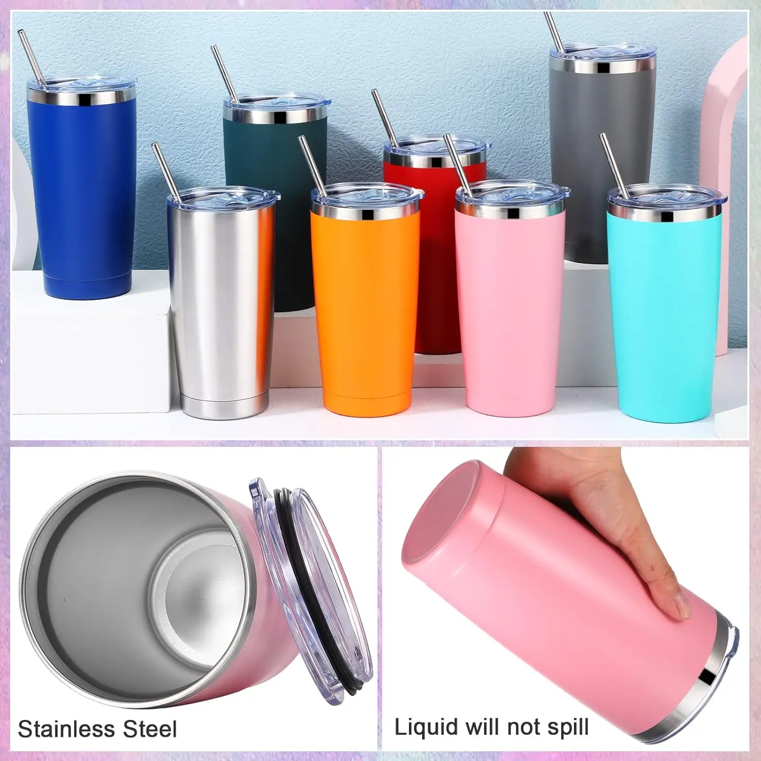 

16 Pack Insulated Travel Tumblers 20 Oz Stainless Steel Tumbler Cup with Lid and Straw Powder Coated Coffee Mug