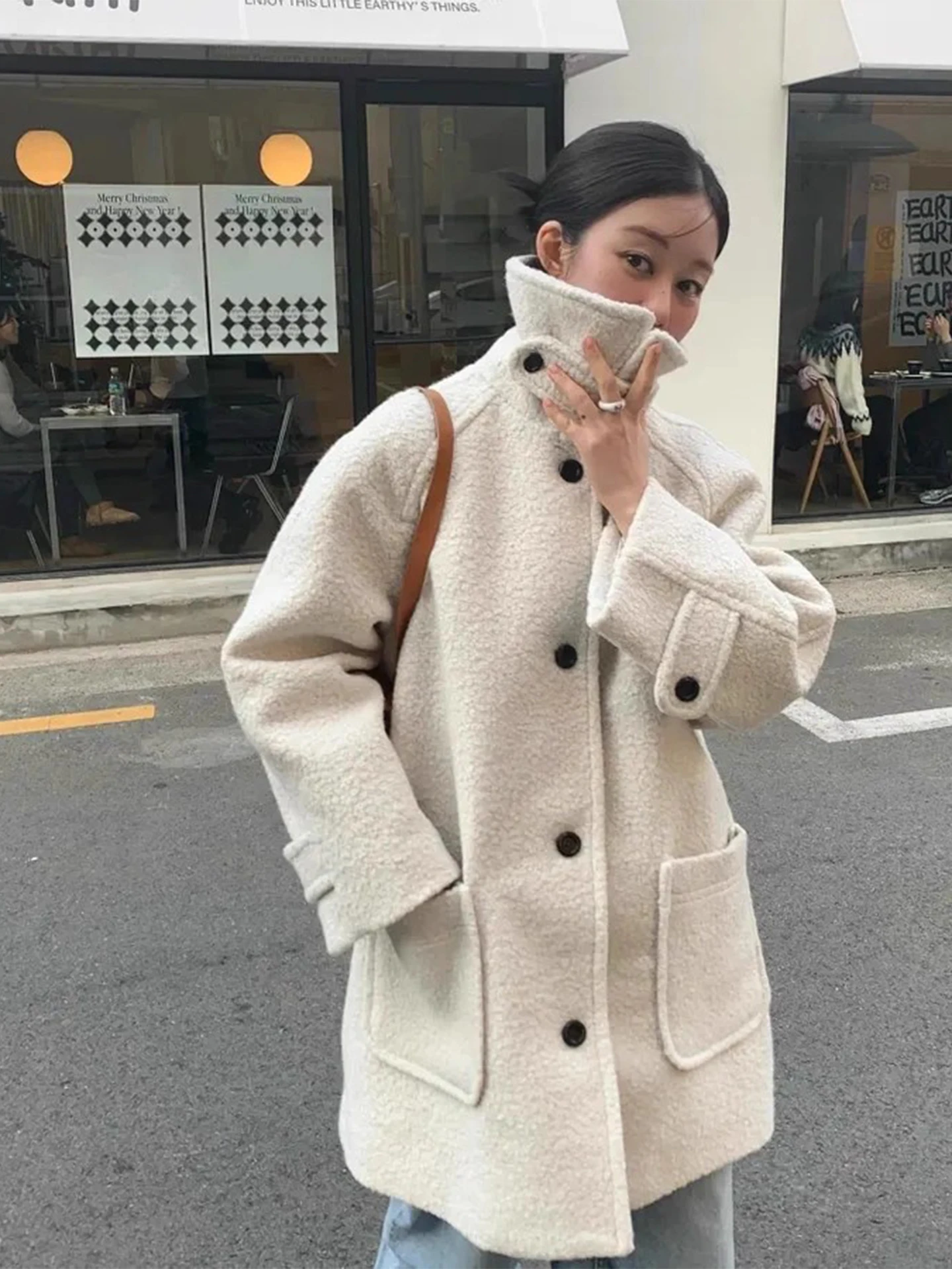 

Ladies Woolen Coat Medium Length Stand Collar Cotton Filled Winter New Sle Faionable Korean Sle Commute Friendly