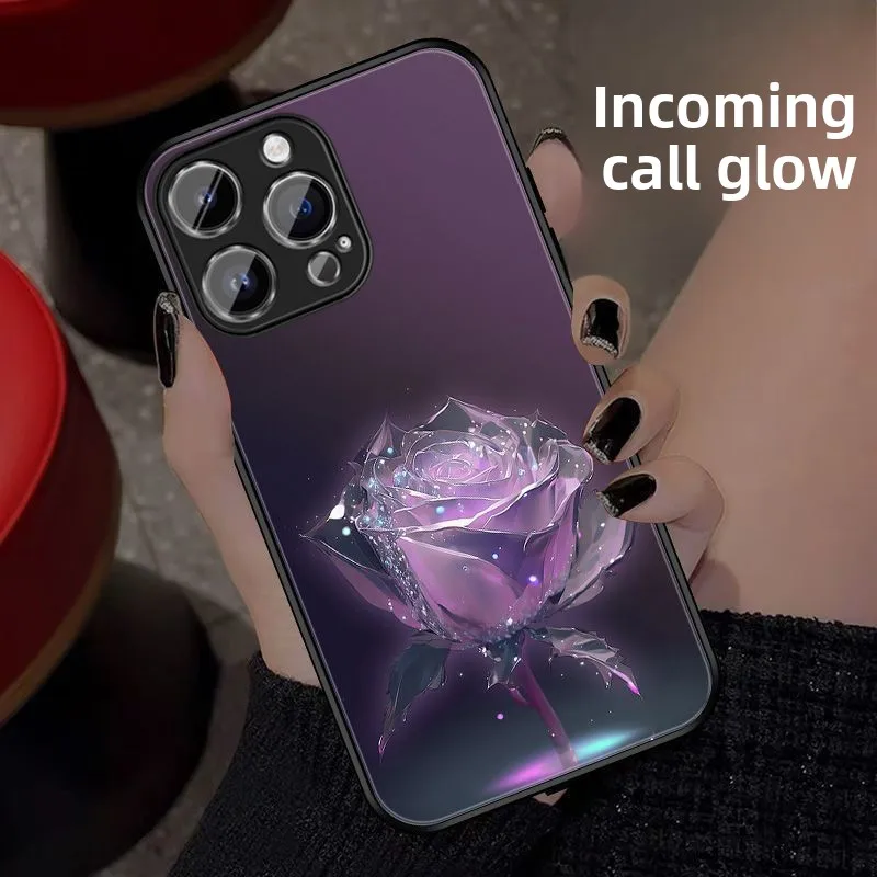 Rose LED light up glowing luminous glass back phone 16 15 14 13 12 11 pro plus cover