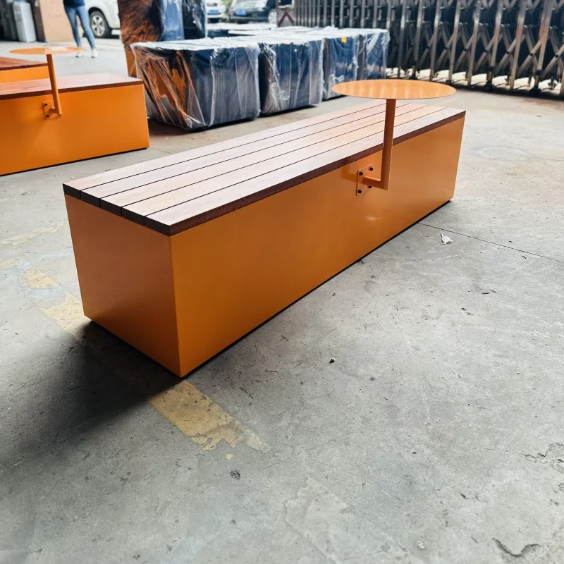 Commercial Fashion Bench with Round Small Table Public Garden Furniture Metal Base Match Solid Wood Slat Seating Long Bench