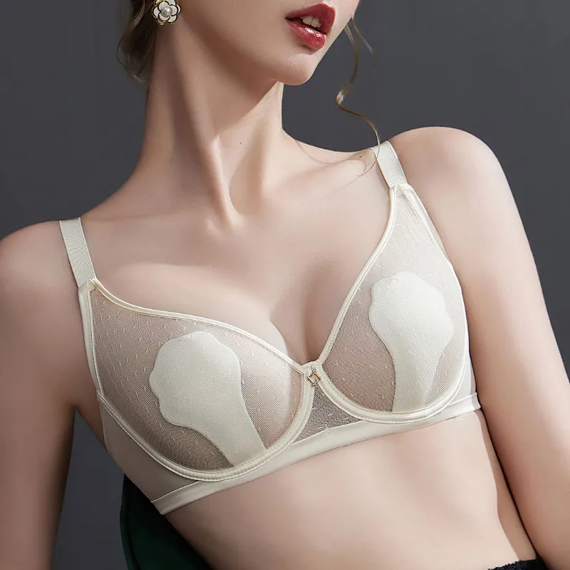 Sexy Gauze Breathable Underwear Women Ultra-Thin Big Breasts Small Bra Rabbit Ear Cup Anti-Bump Soft Steel Ring Bra