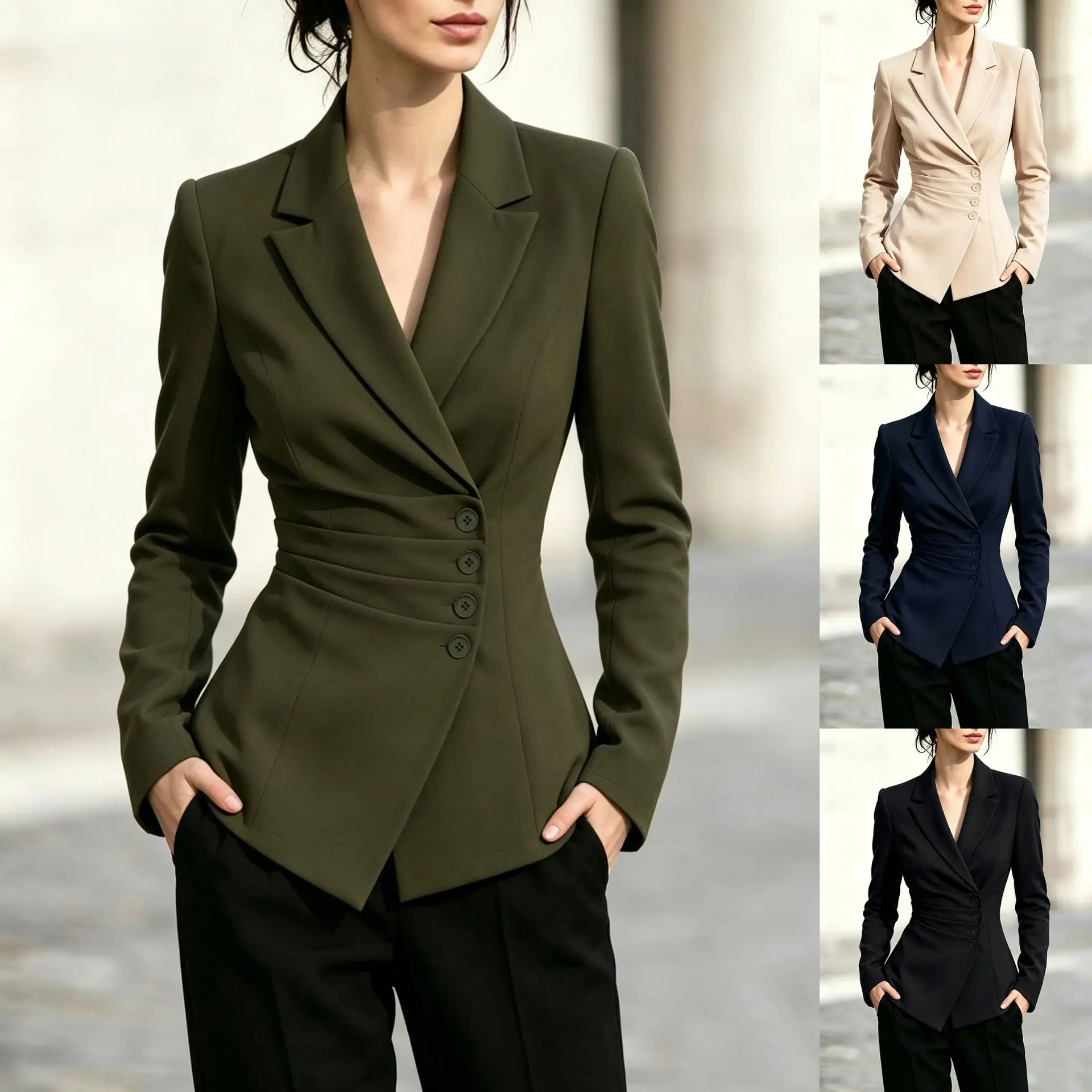 2026 Autumn Notched Lapel Wrap Blazer Ruched Waist Side Button Coats Slim Long Sleeve Women Elegant Fashion Cropped Suit Jackets
