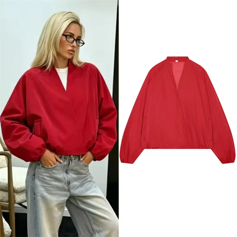 Guobioziy Women's Jacket 2026 Fall New Arrival Red Long-Sleeve Loose Fit Parka Casual Fashion Versatile