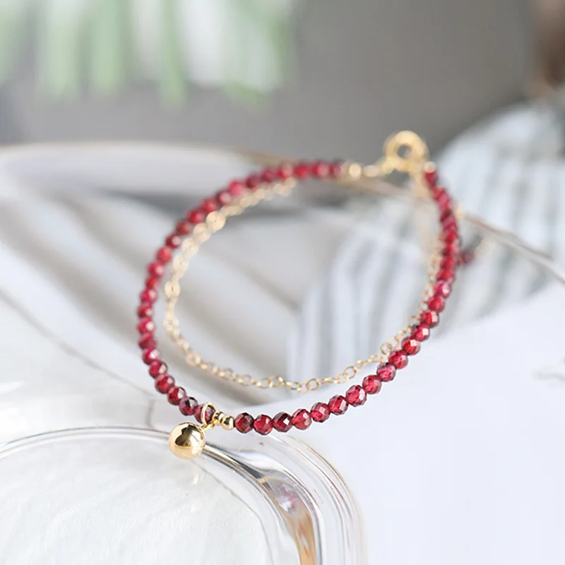 Natural Garnet Bracelet Women Ins Handmade 14K Gold Filled Adjustable Her Birthday Valentines Day