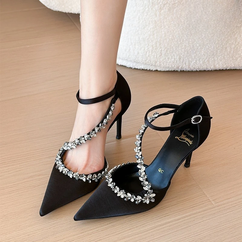 

Satin Luxury Rhinestone Designer Women Heels Pointed Toe Pumps Banquet Party Shoes Hollow Sexy Women's Sandals Summer 2026