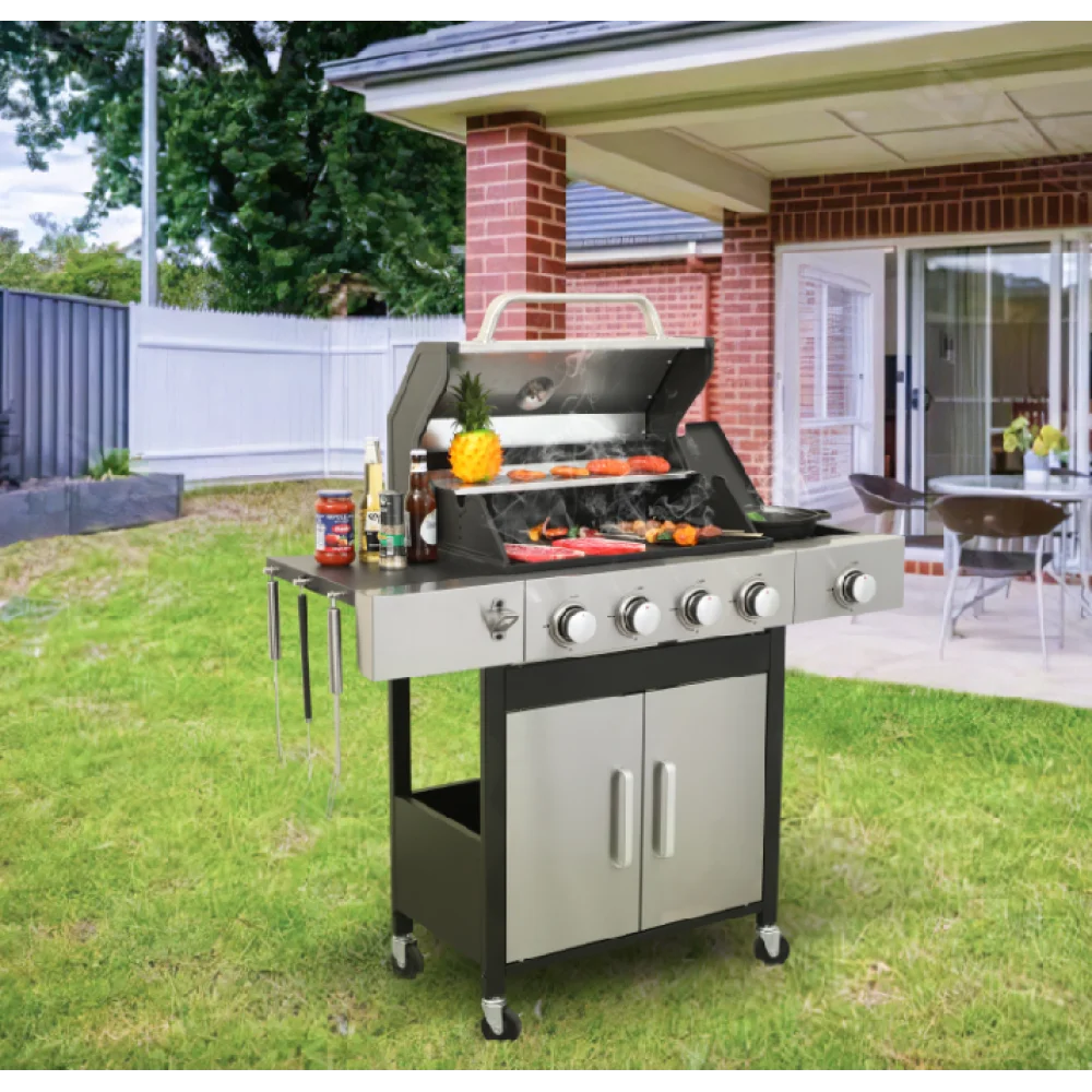 

4-Burner Propane Gas BBQ Grill with Side Burner Enameled Cast Iron Grids Stainless Steel Barbecue Thermometer Warming Rack