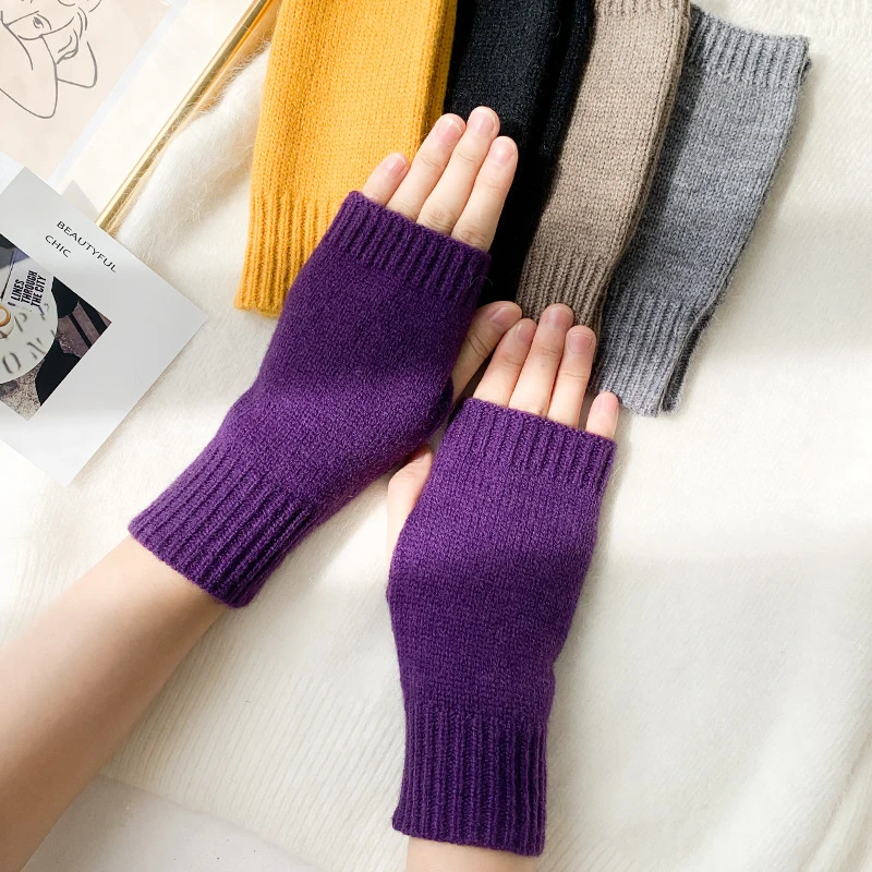 INS Korean Winter Warm Fingerless Knitted Gloves Women Solid Color Stretch Mittens Exposed Finger Gloves arm warmers  guantes