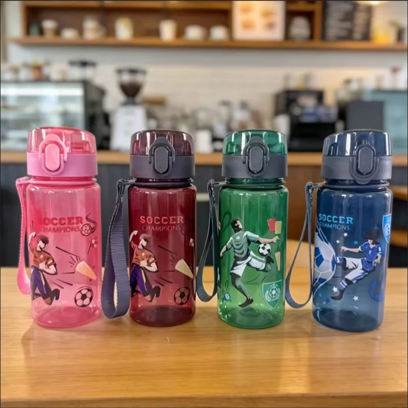 Cute Water Bottle with Carrying Strap, Direct-Drink Cup with Pop-Up Lid and Handle, Leak-Proof Portable Water Bottle 400ml