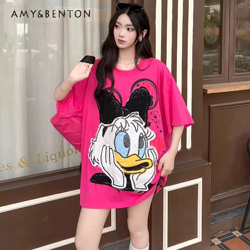 

2026 Summer New Arrivals Trendy Brand Oversized Tees Applique Sequin Embroidered Cartoon Graphic Short Sleeves T-shirt Pullover