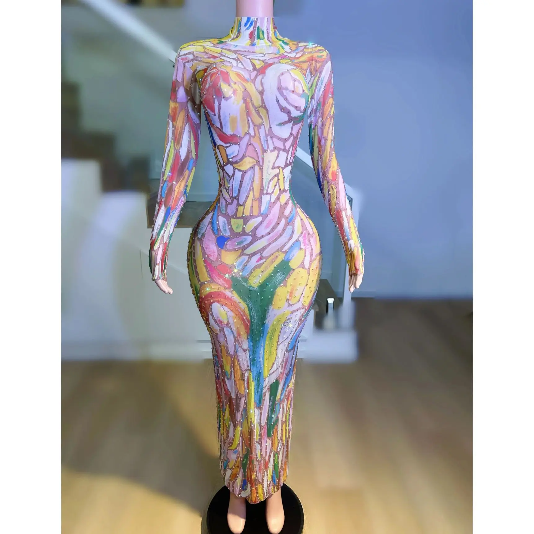 

Printing Watercolor Event Banquet Host Dress Birthday Party Fashion Club Dress School Celebration Performance Vestidos Elegantes
