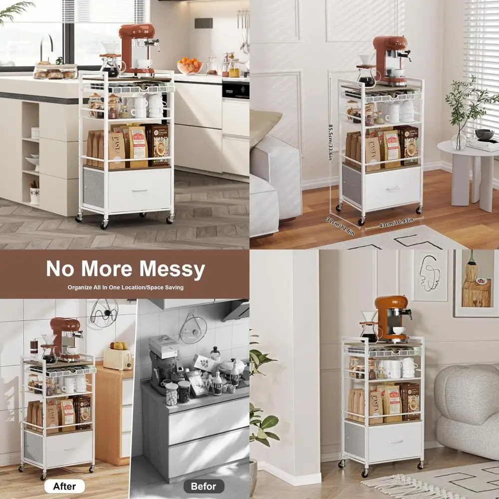 

5-Tier Coffee Bar Cabinet with Storage, 33.6 Rolling Cart for Home Kitchen or Liquor Buffet, White