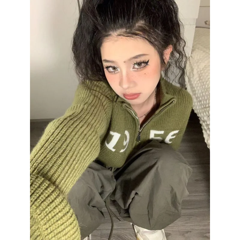 Deeptown Hippie Y2k Green Crop Sweater Women Harajuku Kpop Gyaru Oversize Zip Letter Knit Top Grunge Vintage Jerseys Jumper