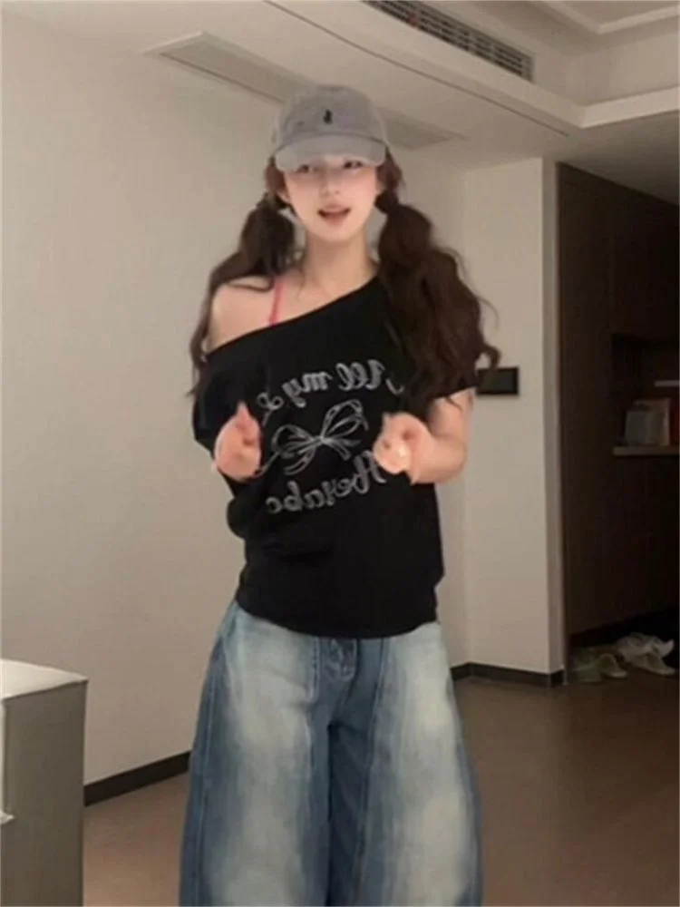 Faionable American Hot Girl Bla Asymmetrical oulder ort Sve T-irt Women Summer  Knot Print Loose ould...