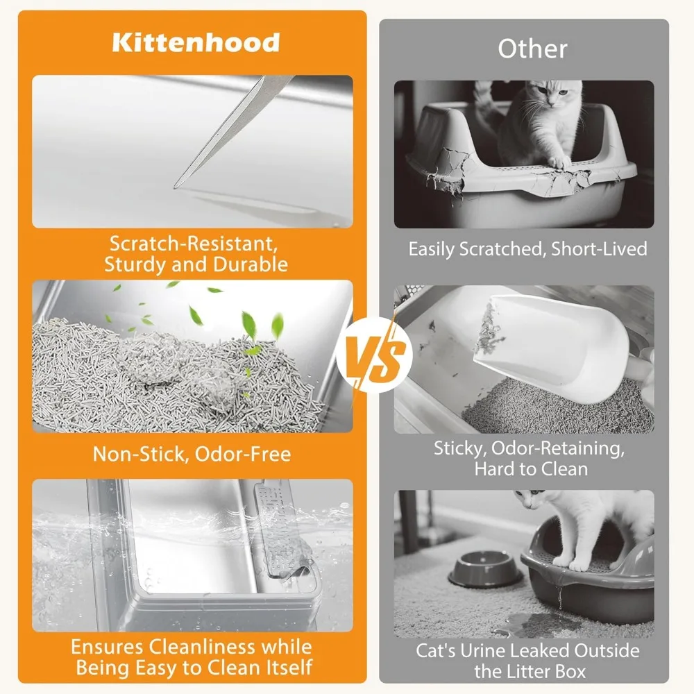 Extra grote roestvrijstalen kattenbak met deksel, hoge zijden voor grote katten of meerdere katten, XXL ruimtebesparend huisdieraccessoire