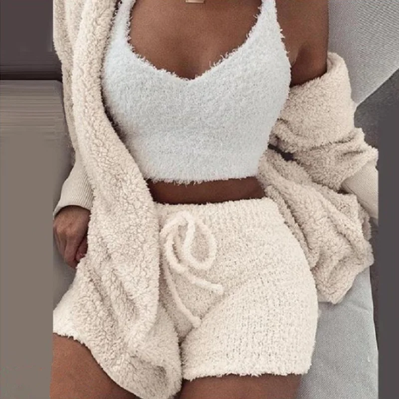 Plush Home Three-piece Pajamas Women Casual Pajamas Vest Shorts Plus Size Hoodie Casual Jumpsuit Winter Fluffy Pajamas Suit