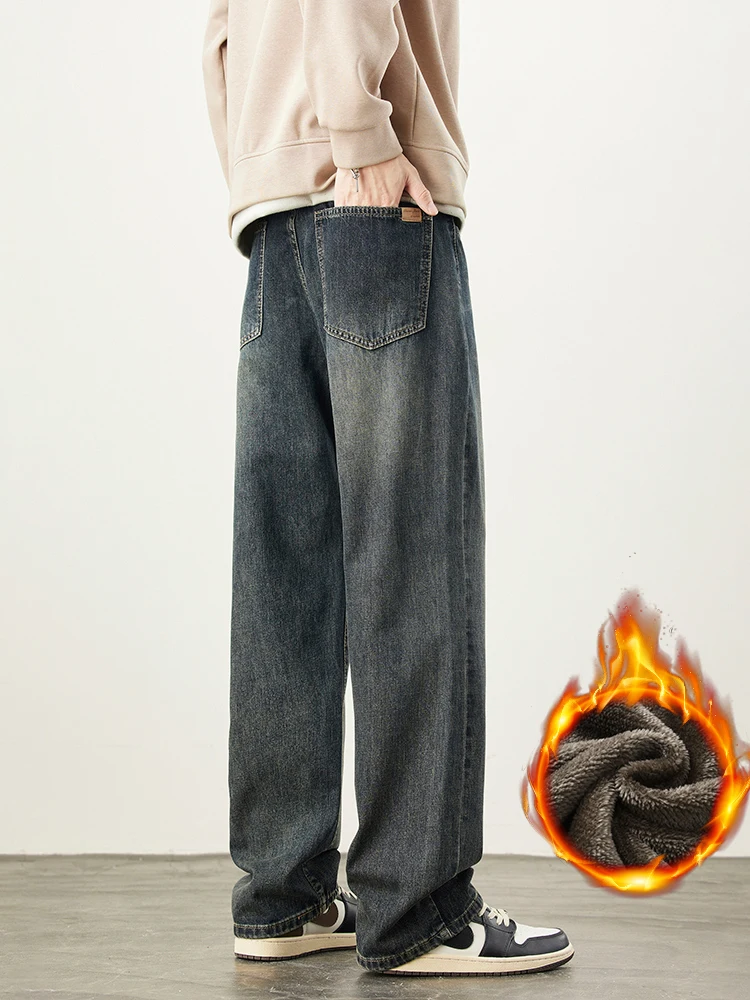 2025 inverno velo quente jeans masculino solto em linha reta vintage denim calças moda coreano streetwear grosso casual calças de veludo