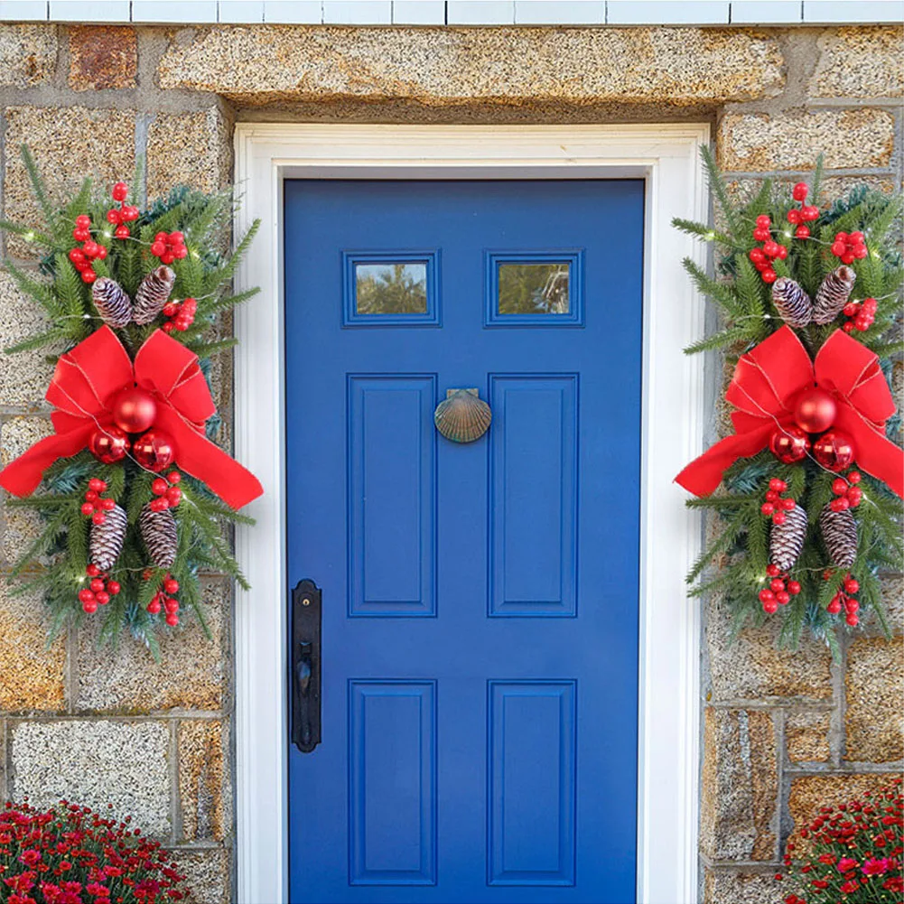 2 Pcs Hanging Christmas Teardrop Swag with Red Bow and Pine Cone 18Inch Stairway Swag Trim Artificial Xmas Wreath Xmas Decor