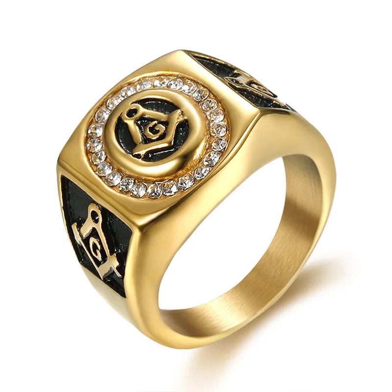 European and American Personalized Retro Gold Gem Freemasonry Stainless Steel AG Symbol Men's Rings Sizes 7-14