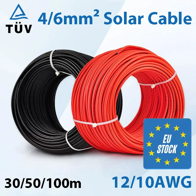 Kabel zasilający energię słoneczną 4/6mm2 12/10AWG Przewód fotowoltaiczny 108V Kabel TUV do podłączenia paneli fotowoltaicznych Czerwony Czarny PVC Dwuwarstwowy magazyn UE