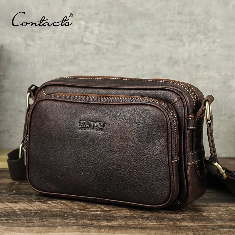 CONTACT\'S Genuine Leather Small Messenger Bag Vintage Male Crossbody Bag Travel Sling Shoulder Bags Designer Handbag Bolso