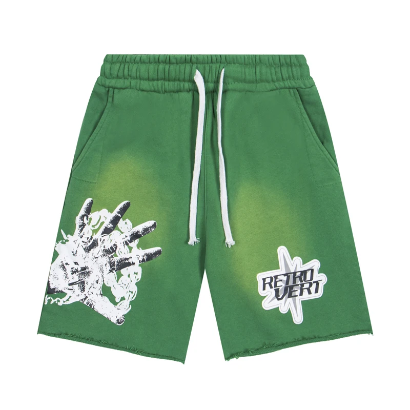 

High Quality RETROVERT Shorts Men's Fashion Streetwear Green Wash Old Retro Print Logo Casual Short Pants
