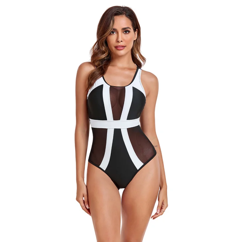 

New swimsuit Solid Color Spliced Mesh Sexy Tank Top One-Piece Swimsuit for Women Swimsuit