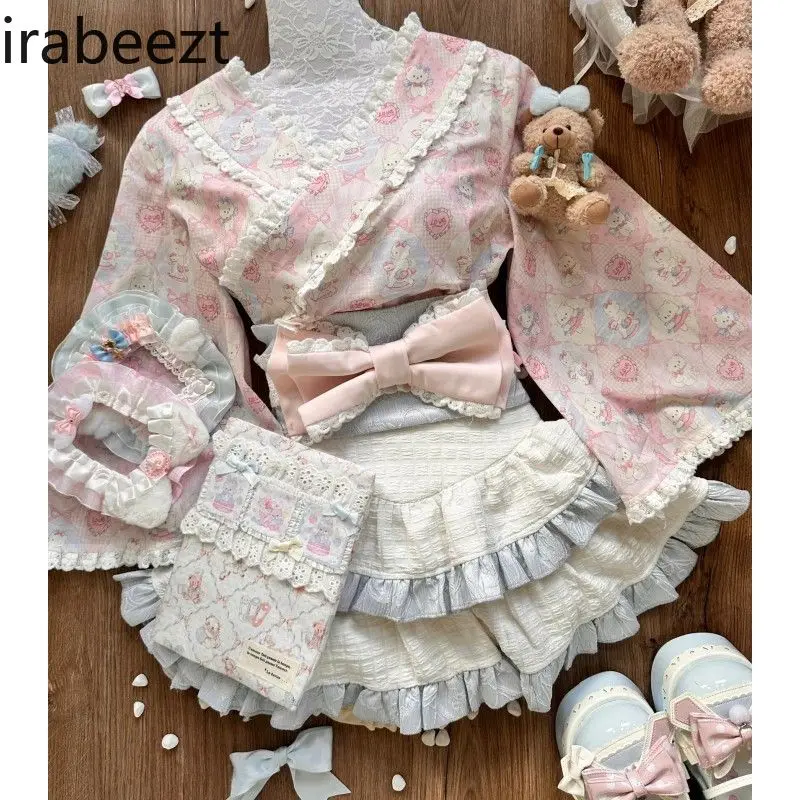 Sweet Girl New Chinese Vintage Floral Lace Blouse Ruffled Pompadour Cake Shaped Skirt Bow Waist Wrap Set Костюм Женский