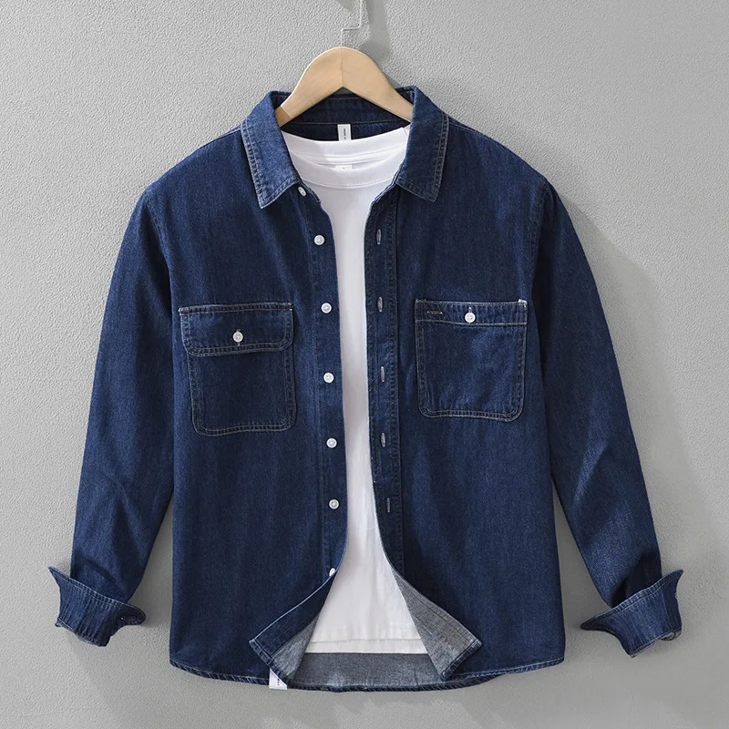 Japan Workwear Washed Denim Long Sleeve Shirt for Men 2025 Spring Autumn Fashion Soft Literary Casual Loose Top Drop Shipping