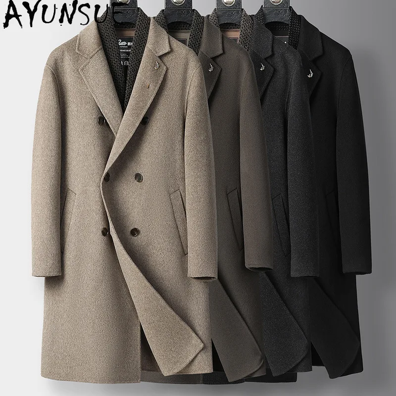 

AYUNSUE 100% Sheep Wool Jacket Men Winter Clothes 2025 Business Casual Mens Coats 85% Goose Down Vest Mid-length Trench Coat