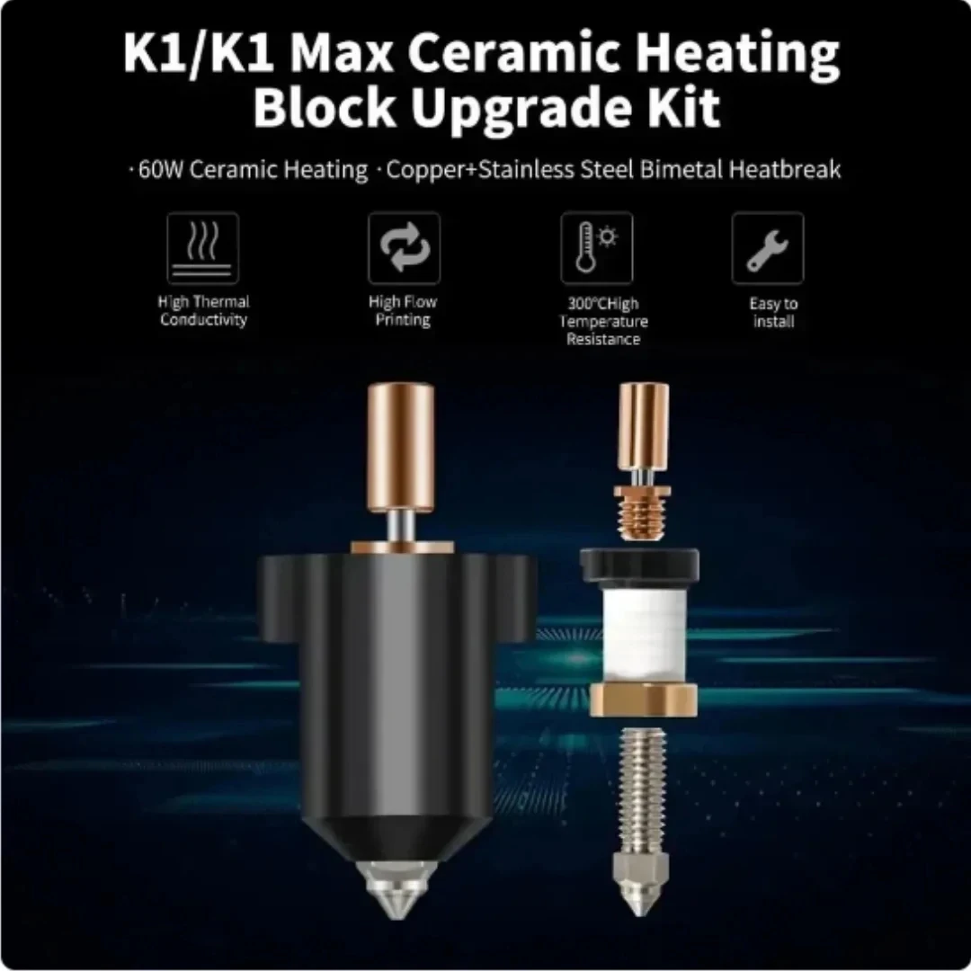 For Creality K1 / K1 Max Hotend Kit Ceramic Heating Block Nozzle 300°C Extruder High Speed High Flow For Creality K1 Upgrade