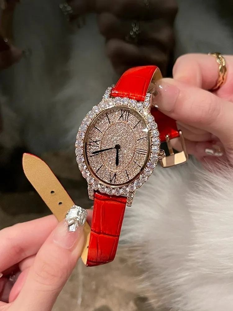 Fashion Women Shiny Diamonds Studded Quartz Watch Genuine Leather Strap Pin Buckle Office Ladies Work Watches Luxury Wristwatch