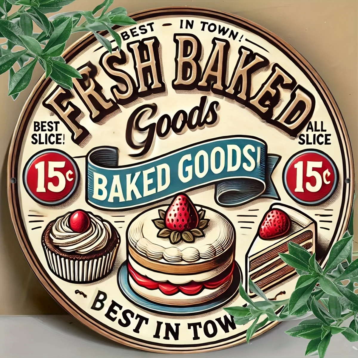 1 Stück Metall-Blechschild „Fresh Baked Goods“ im Vintage-Stil – 20,3 x 20,3 cm großes Aluminium, Retro-Kuchen- und Erdbeerdessert-Dekor mit fröhlichem „B