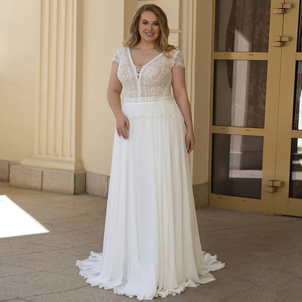 

Georous Plus Size Wedding Dresses Customized A Line 2025 Court Train Chiffon Bridal Gowns with Lace New Summer Zipper Back 2026