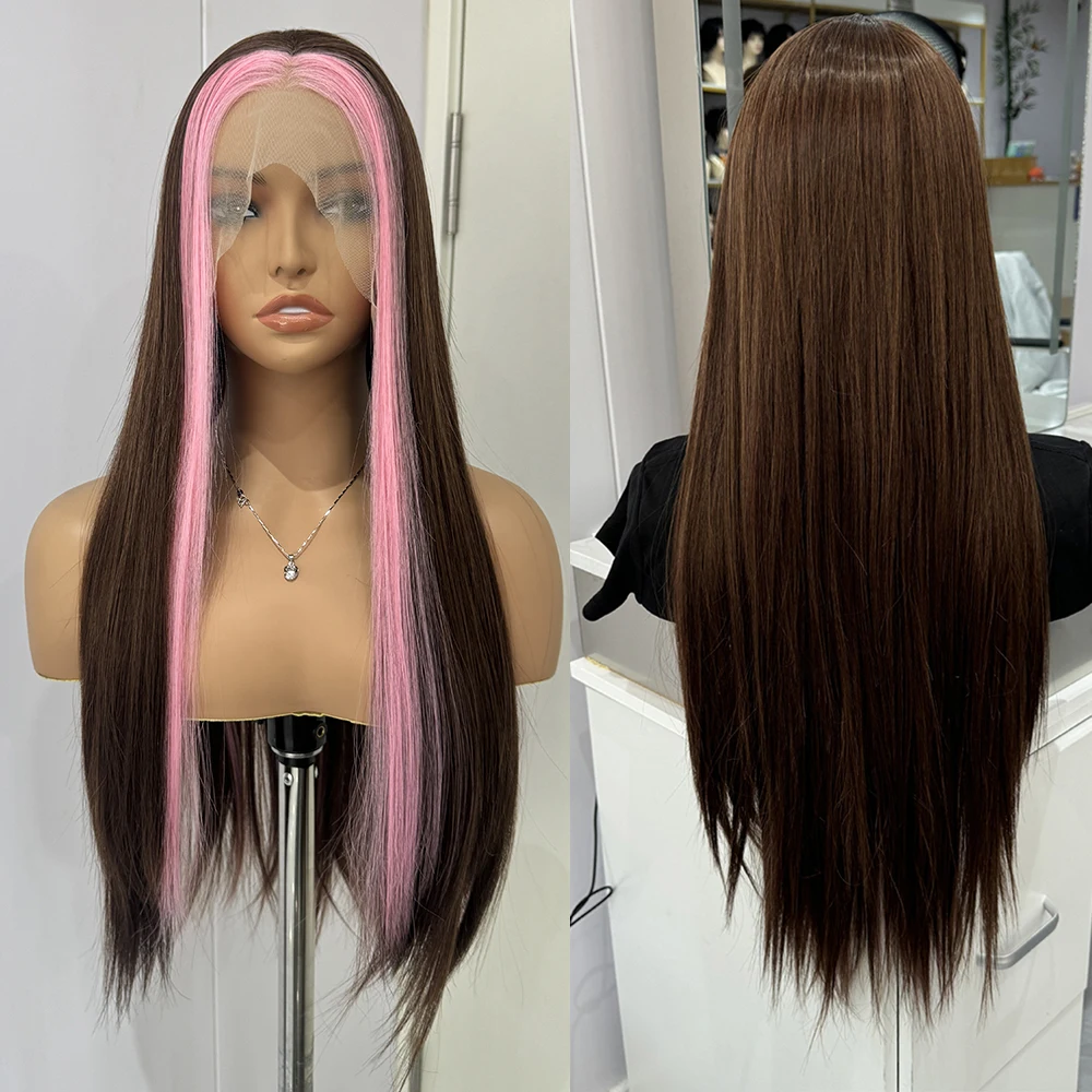 Highlights Pink Wig Synthetic Lace Front Wigs For Women Pink Highlights Wigs Brown Long Silky Straight Lace Hair Cosplay Party