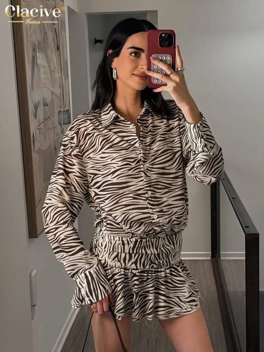 

Clacive Spring Loose Print Women Dress 2026 Fashion Lapel Long Sleeve Mini Dresses Elegant Classic Pleated Female Dress Streetwe