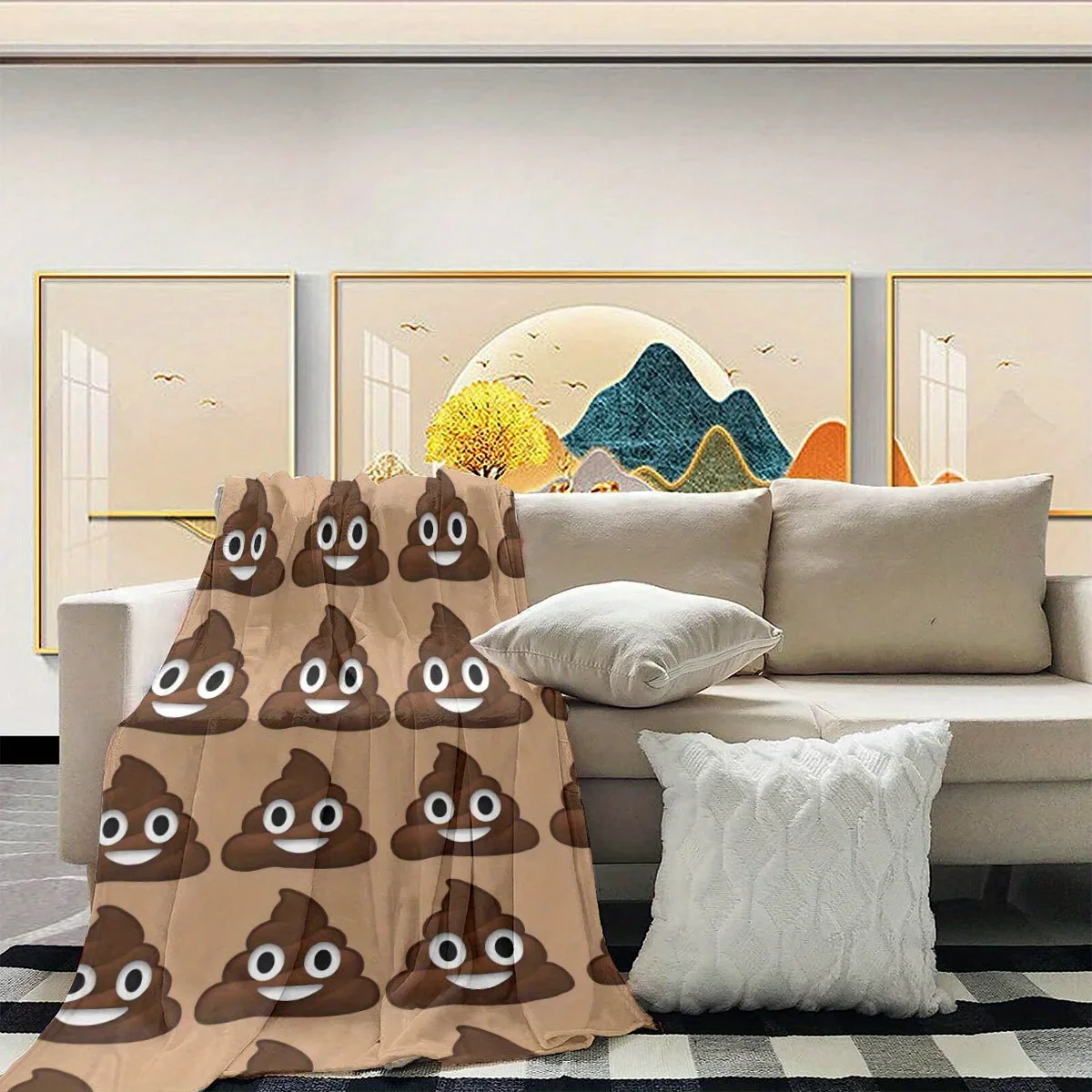 Poop Emoji Funny Flannel Blanket Single Sided 2DPrint Playful Blanket Home Living Room Bedroom Sofa Humorous Vibe Accessory Gift