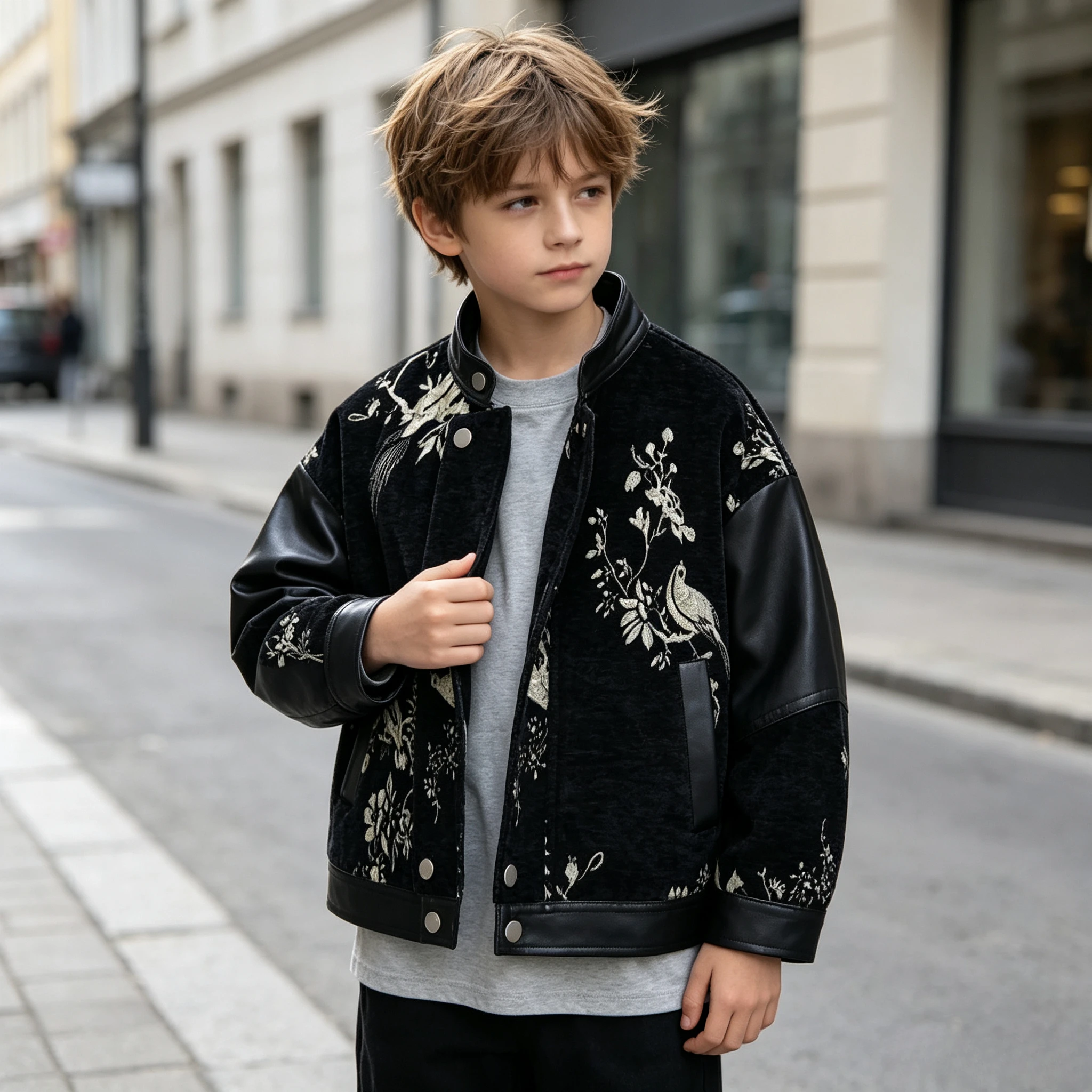 Kids Boys Patchwork Leather Jacket Oriental Bird Floral Embroidery Zip Up Coat Autumn Winter Fashion Casual Outerwear 4-12 Years