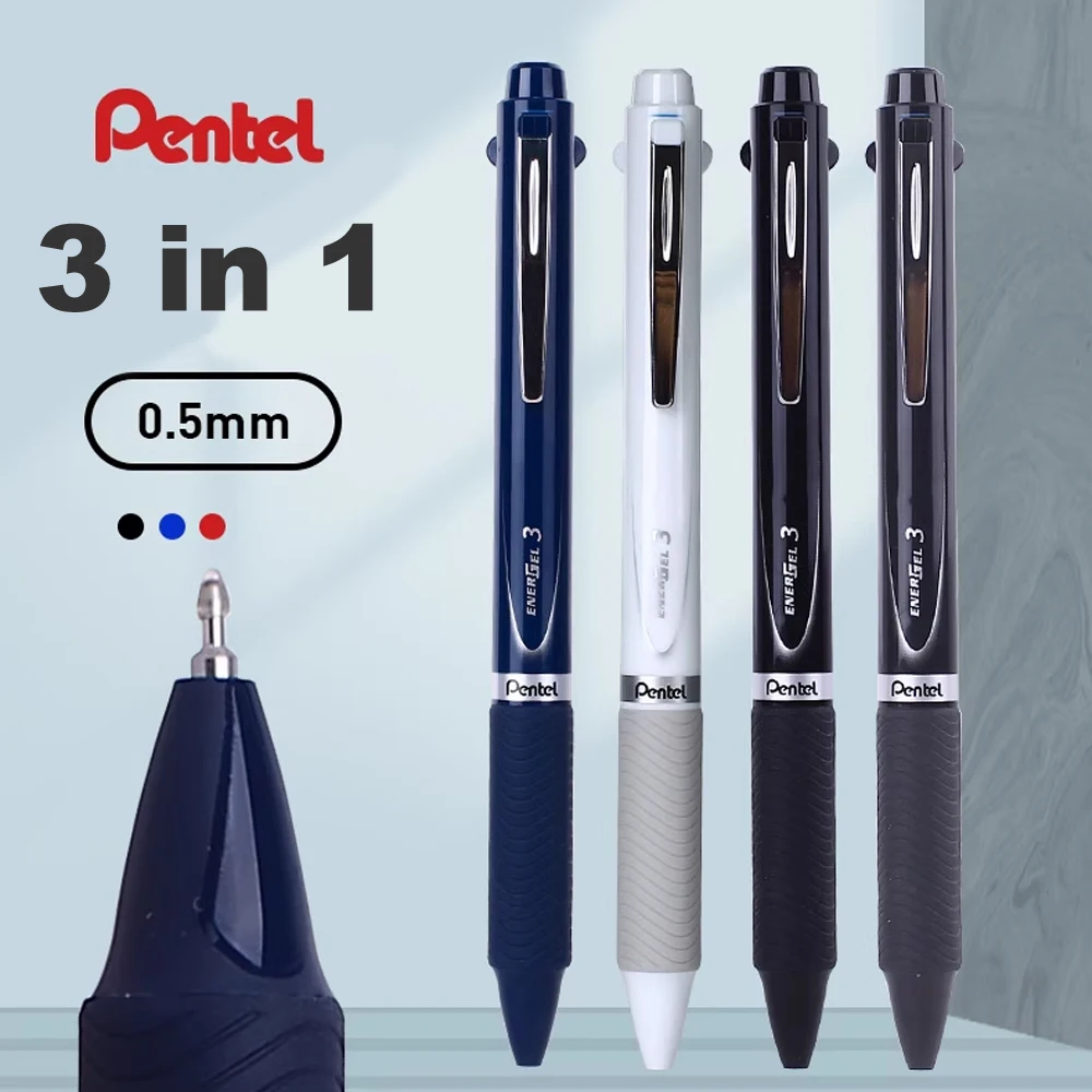 Pentel 3 em 1 Caneta esferográfica de gel multicolorida Energel Ink 0,5 mm Caneta de escritório escolar de escrita suave, preto/vermelho/azul