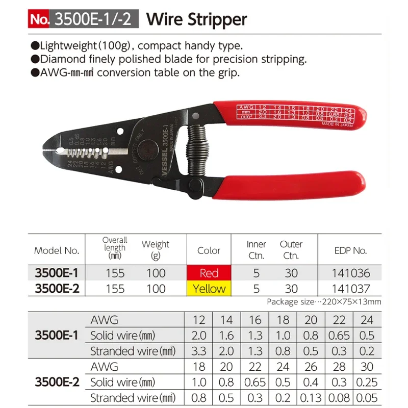 VESSEL 3500E Series Wire Strippers,Compatible Electrician Test Electrician Wire Strippers,Japan Hand Tools Pliers