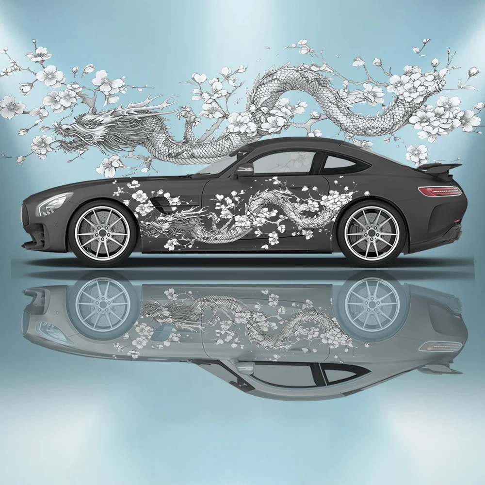 Japanse stijl draak die zich om de bloemtak kronkelde, auto-sticker, volledige bloemendecoratie, die krassen bedekt en beschermt
