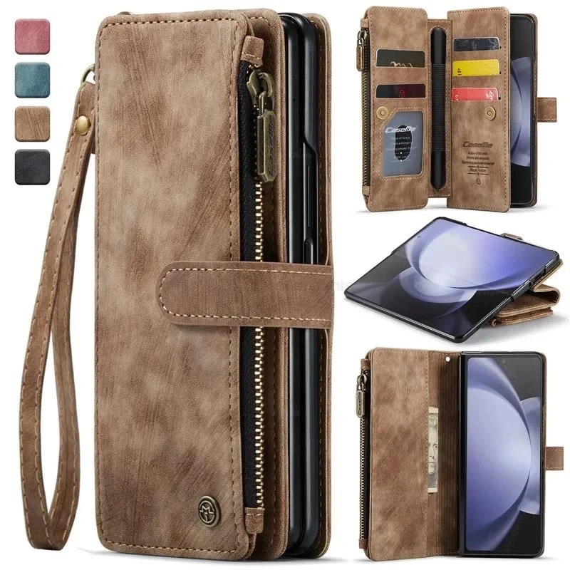 Luxury Lanyard Leather Zipper Wallet Card Phone Case For Samsung Galaxy Z Fold 6 5 4 Fold6 Fold5 Fold4 Purse Flip Stand Cover