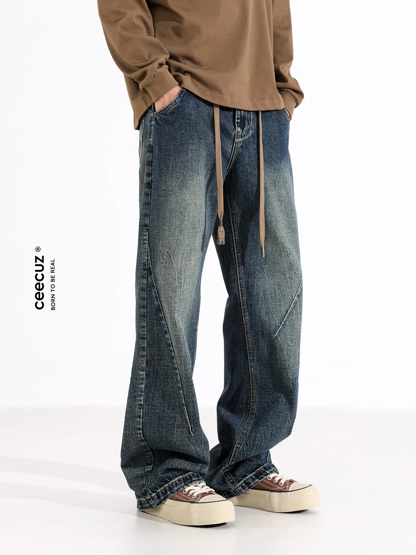 

Ceecuz винтажные деконструированные дизайнерские джинсы для рабочей одежды мужские американские модные брендовые свободные широкие длинные брюки с завязками